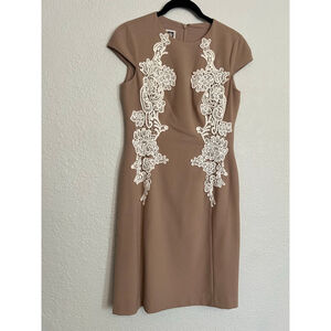 Women's Anne Klein Textured Khaki Taupe & Ivory Lace Sheath Dress 4P